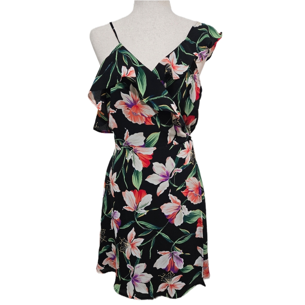 LUSH Black Floral Ruffle Wrap Mini Dress Size Large Asymmetric Tropical